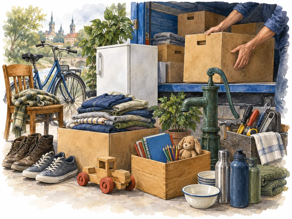 Illustration gesammelter Hilfsgüter für die Reise.